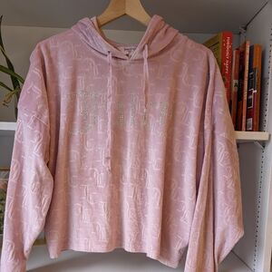 Juicy Couture Women's Hoodie Rhinestone Logo Embossed Pink Sz Medium Cropped Y2K